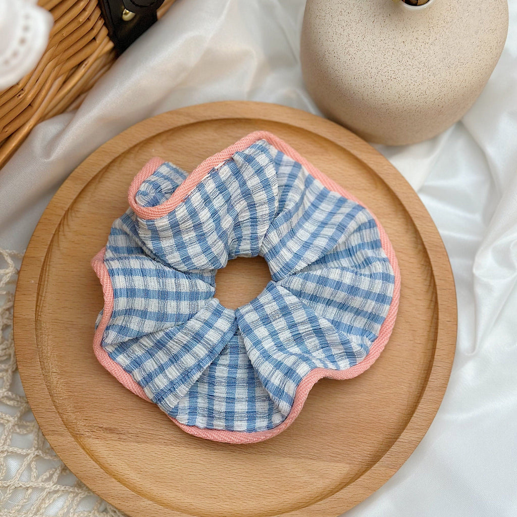 Big Blue Gingham Frill Scrunchies French style Large Scrunchies For Spring Cute Scrunchies Hair Tie Scrunchies gifts for her