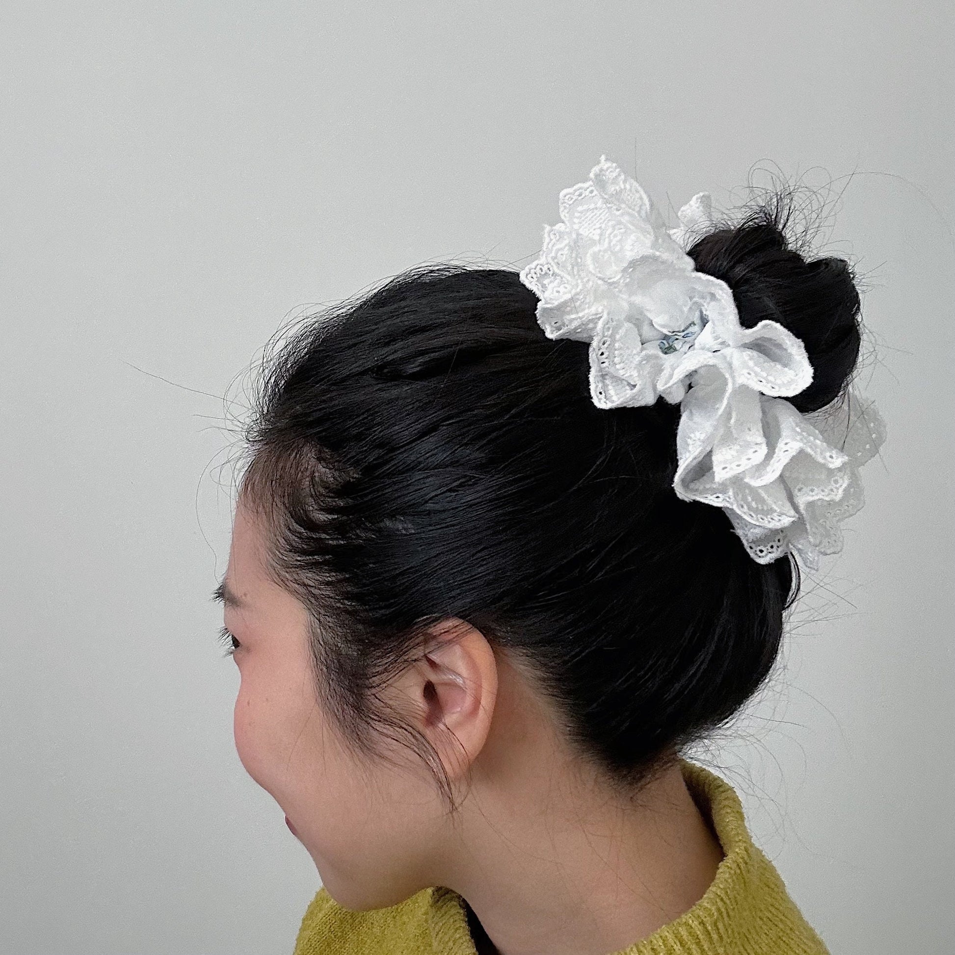 French style Broderie Anglaise Scrunchies, White Floral Double layer Scrunchies, Giant Scrunchies Jumbo Ruffled Scrunchies gifts for her