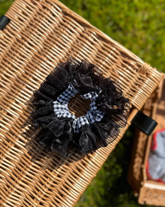 Halloween Scrunchies, Black Frilly Organza Scrunchies, Black Gingham Double layer Scrunchies, Jumbo Ruffles Scrunchies gifts for her