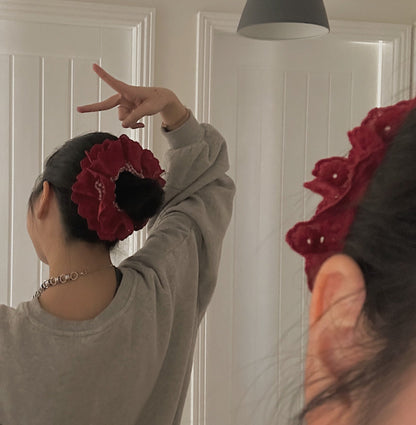 Scrunchies for Holiday, Broderie Anglaise Scrunchies, Red Gingham Scrunchies, Double layer Scrunchies Gifts for Her, Xmas stocking filler