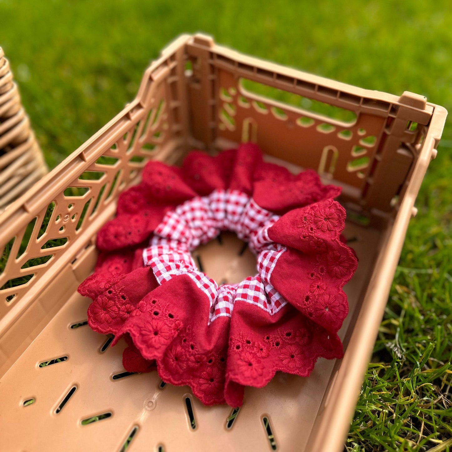 Scrunchies for Holiday, Broderie Anglaise Scrunchies, Red Gingham Scrunchies, Double layer Scrunchies Gifts for Her, Xmas stocking filler