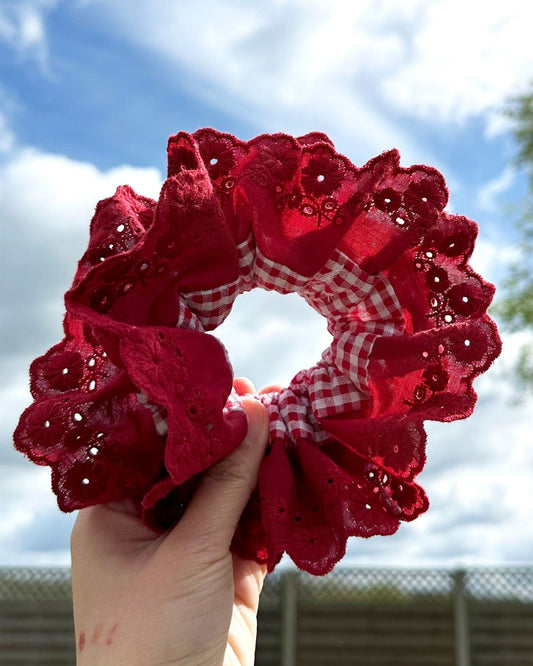 Scrunchies for Holiday, Broderie Anglaise Scrunchies, Red Gingham Scrunchies, Double layer Scrunchies Gifts for Her, Xmas stocking filler