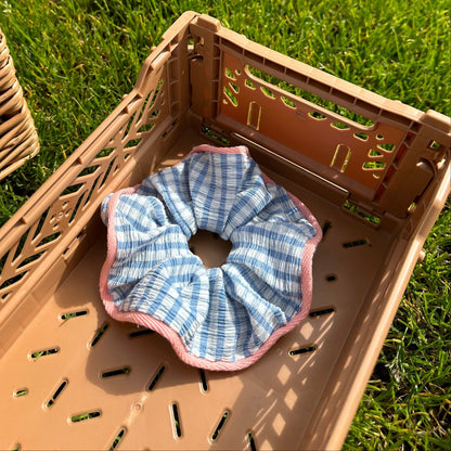 Big Blue Gingham Frill Scrunchies French style Large Scrunchies For Spring Cute Scrunchies Hair Tie Scrunchies gifts for her