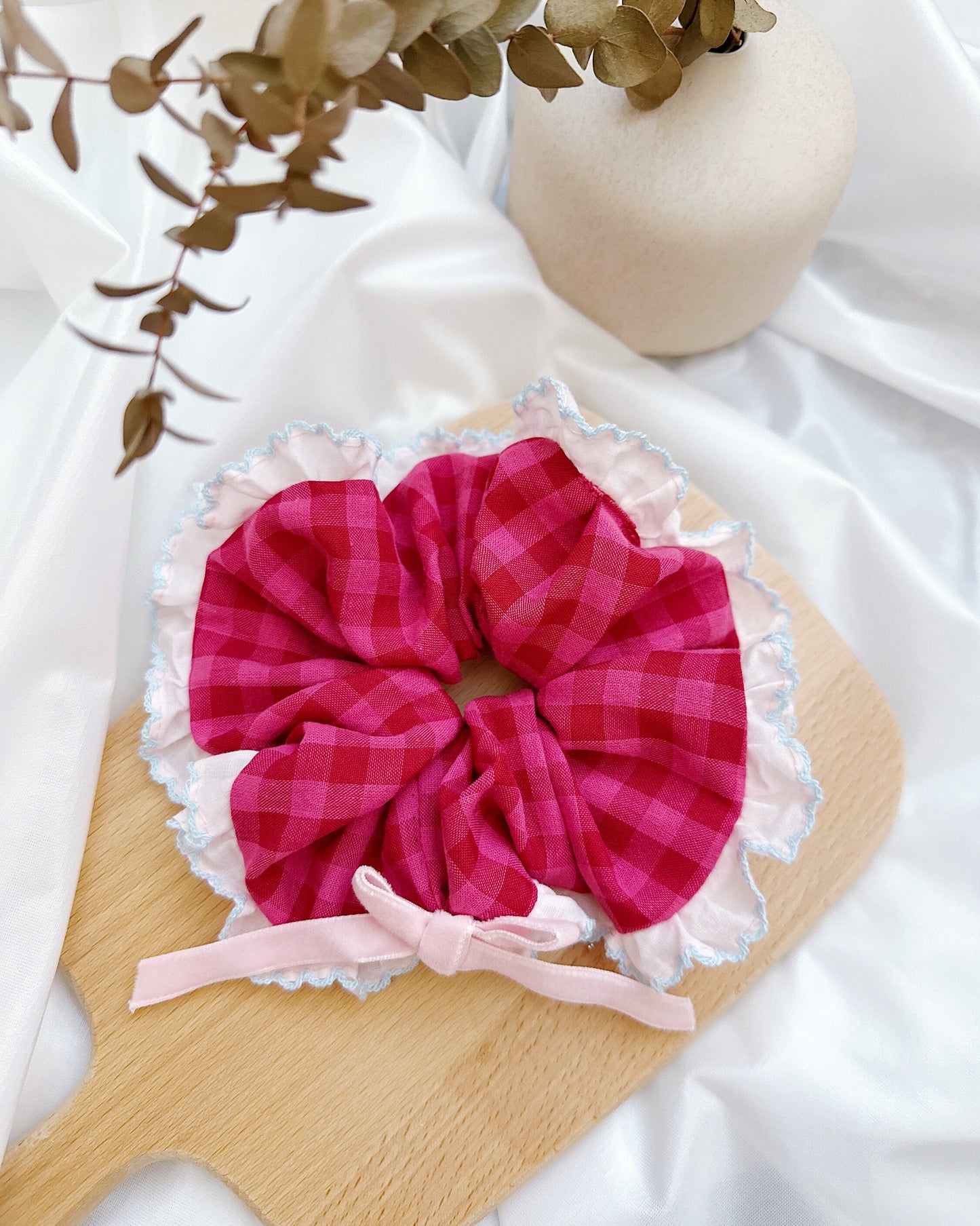 Pink Gingham Scrunchies with bow Giant Scrunchies, French Style Pink frilly ruffle scrunchies For Summer Scrunchies