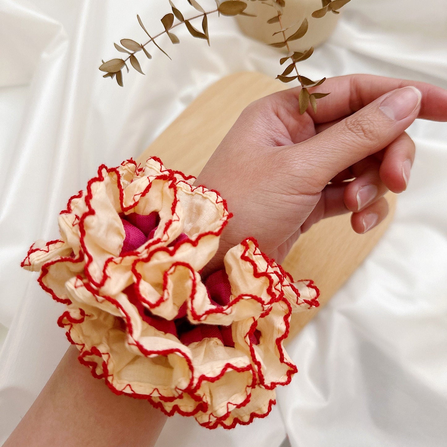 French Style Scrunchies Broderie Anglaise Red Gingham Scrunchies for summer Frilly Double layer Scrunchies Gift for Her