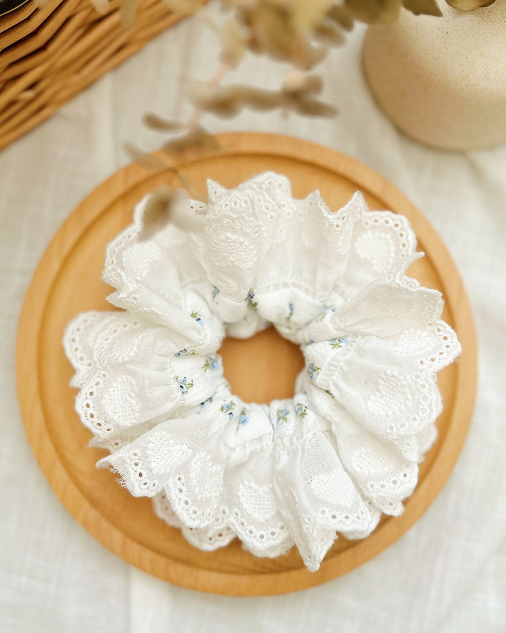 French style Broderie Anglaise Scrunchies, White Floral Double layer Scrunchies, Giant Scrunchies Jumbo Ruffled Scrunchies gifts for her