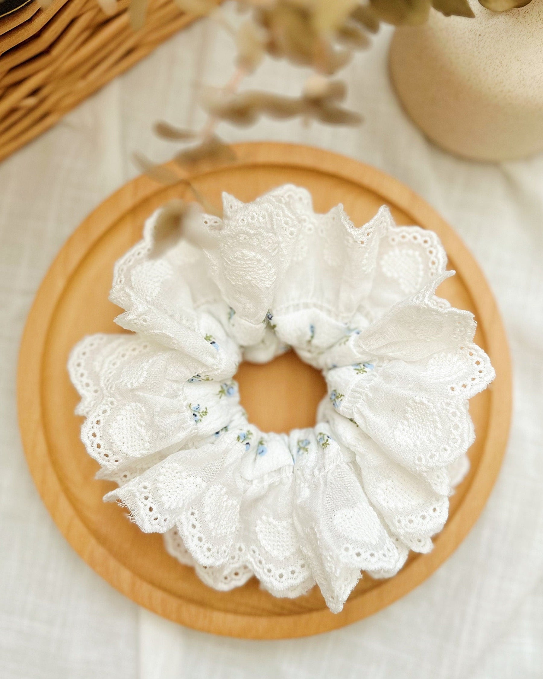 French style Broderie Anglaise Scrunchies, White Floral Double layer Scrunchies, Giant Scrunchies Jumbo Ruffled Scrunchies gifts for her