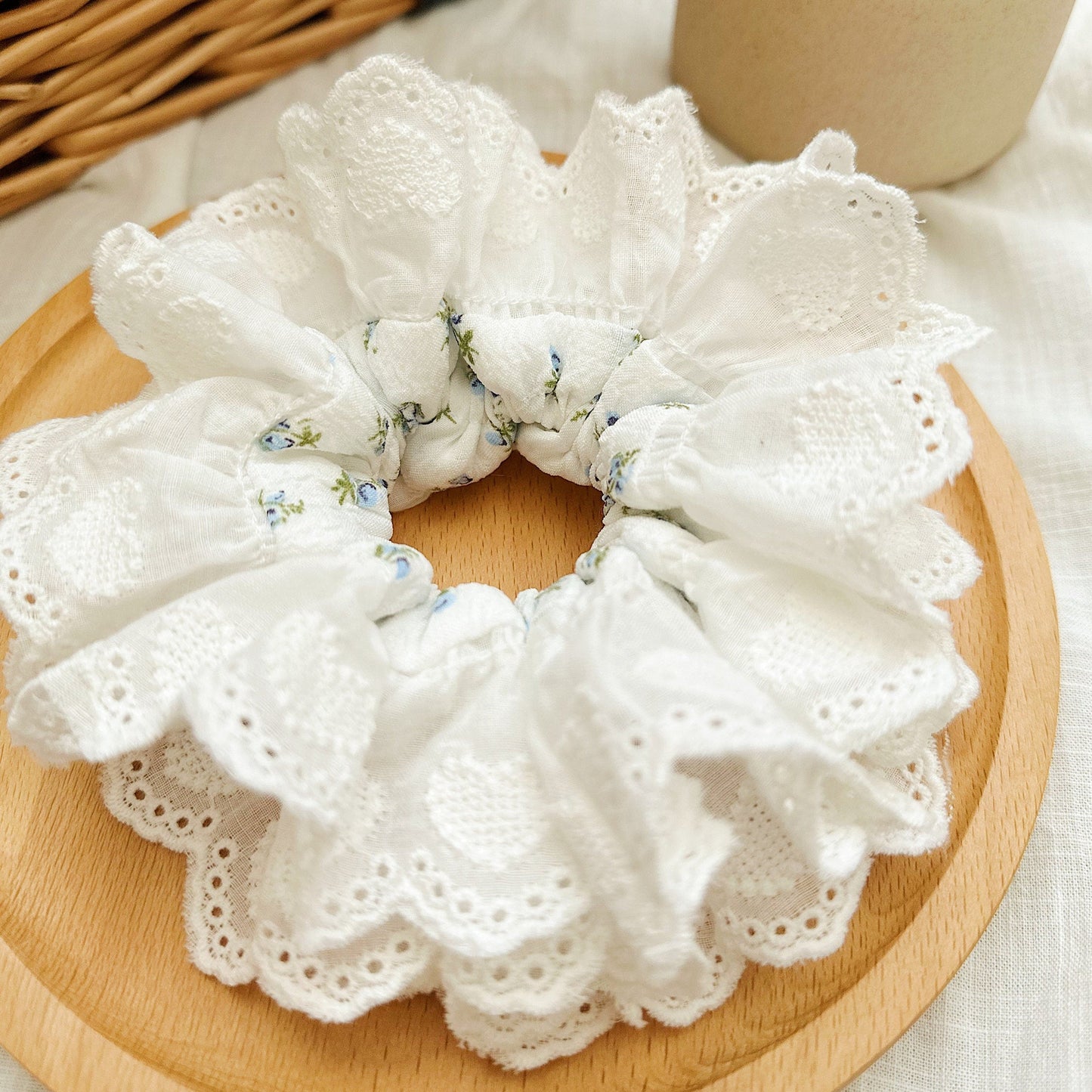 French style Broderie Anglaise Scrunchies, White Floral Double layer Scrunchies, Giant Scrunchies Jumbo Ruffled Scrunchies gifts for her