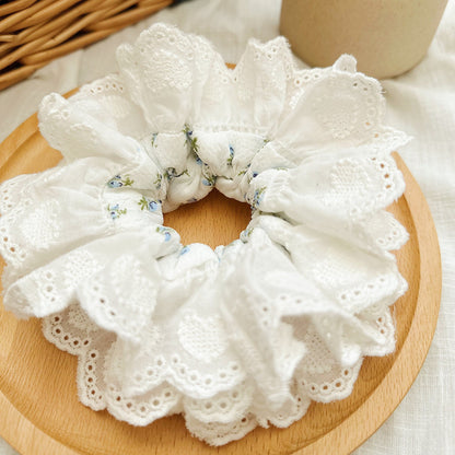 French style Broderie Anglaise Scrunchies, White Floral Double layer Scrunchies, Giant Scrunchies Jumbo Ruffled Scrunchies gifts for her