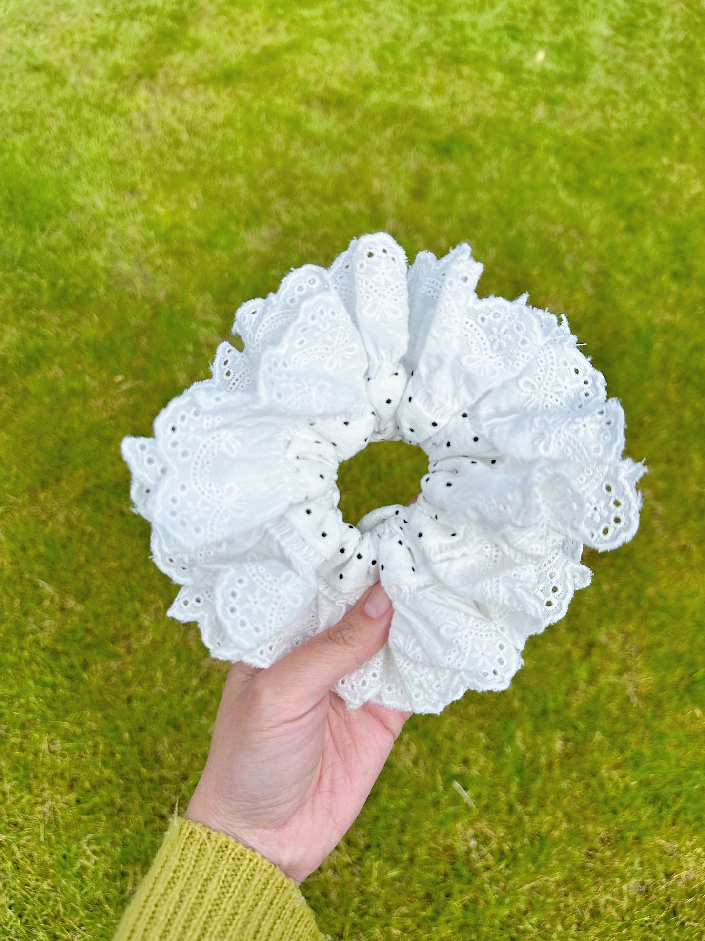 Oversized Black & White Polka dots Scrunchies, Broderie Anglaise Scrunchies, Jumbo Scrunchies for summer Scrunchies gifts for her Hair tie