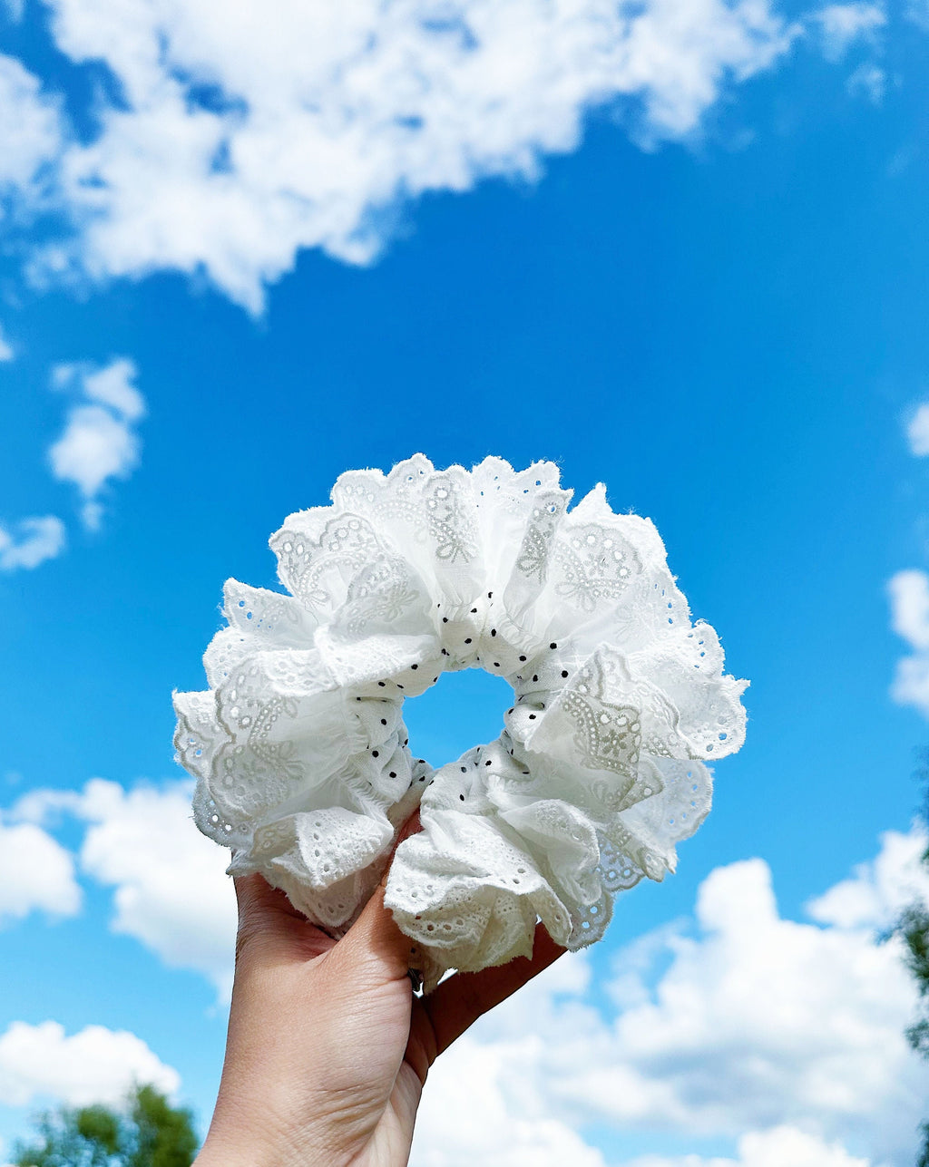 Oversized Black & White Polka dots Scrunchies, Broderie Anglaise Scrunchies, Jumbo Scrunchies for summer Scrunchies gifts for her Hair tie