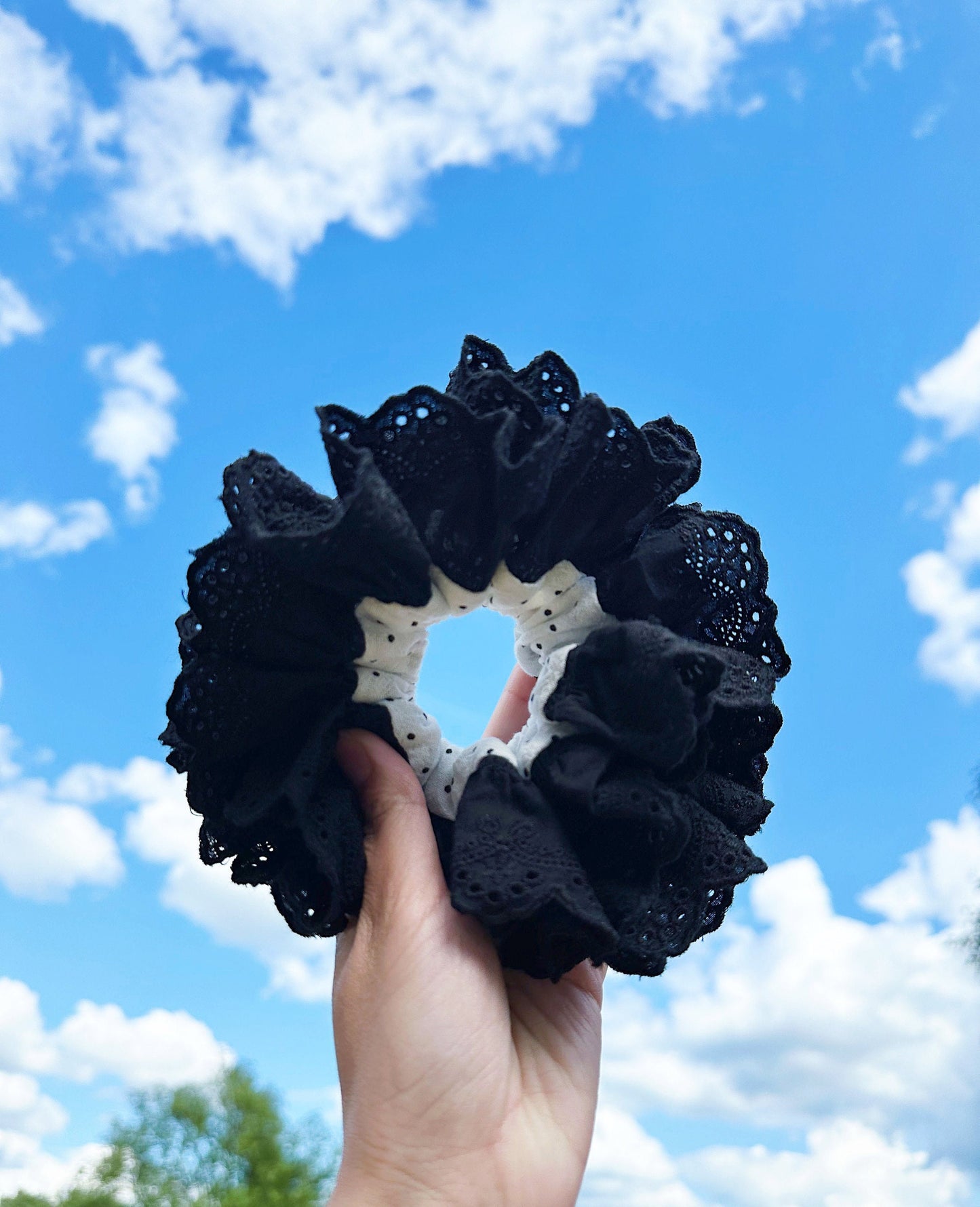 Oversized Black & White Polka dots Scrunchies, Broderie Anglaise Scrunchies, Jumbo Scrunchies for summer Scrunchies gifts for her Hair tie