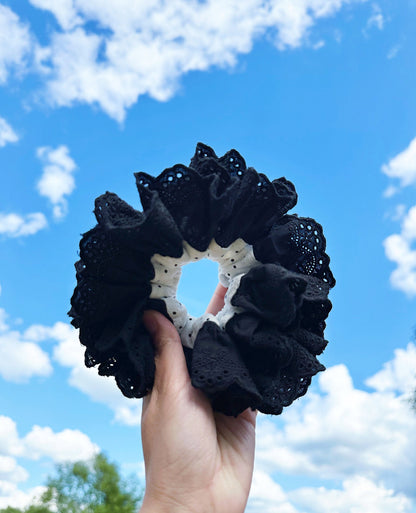 Oversized Black & White Polka dots Scrunchies, Broderie Anglaise Scrunchies, Jumbo Scrunchies for summer Scrunchies gifts for her Hair tie