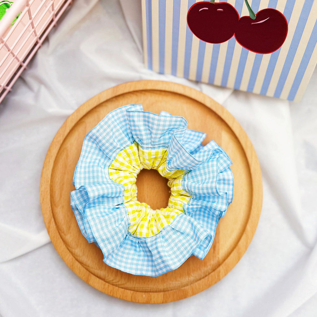 Jumbo Double layer Gingham Scrunchies, Cute Giant Gingham Scrunchies, Frilly Large Scrunchies Summer Hair Ties, Dreamy Gift for besties