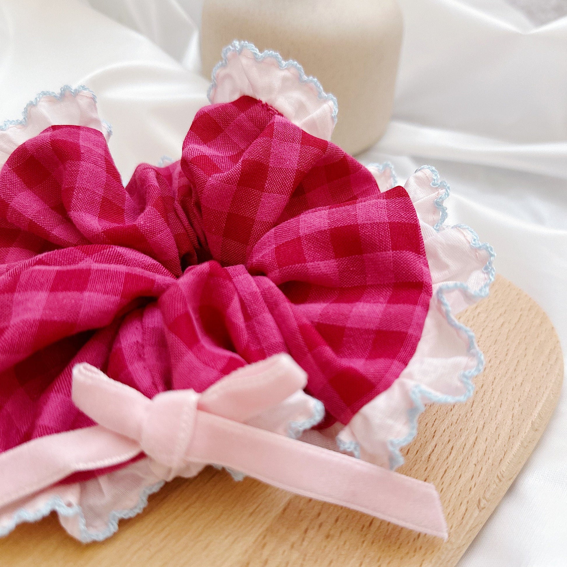 Pink Gingham Scrunchies with bow Giant Scrunchies, French Style Pink frilly ruffle scrunchies For Summer Scrunchies