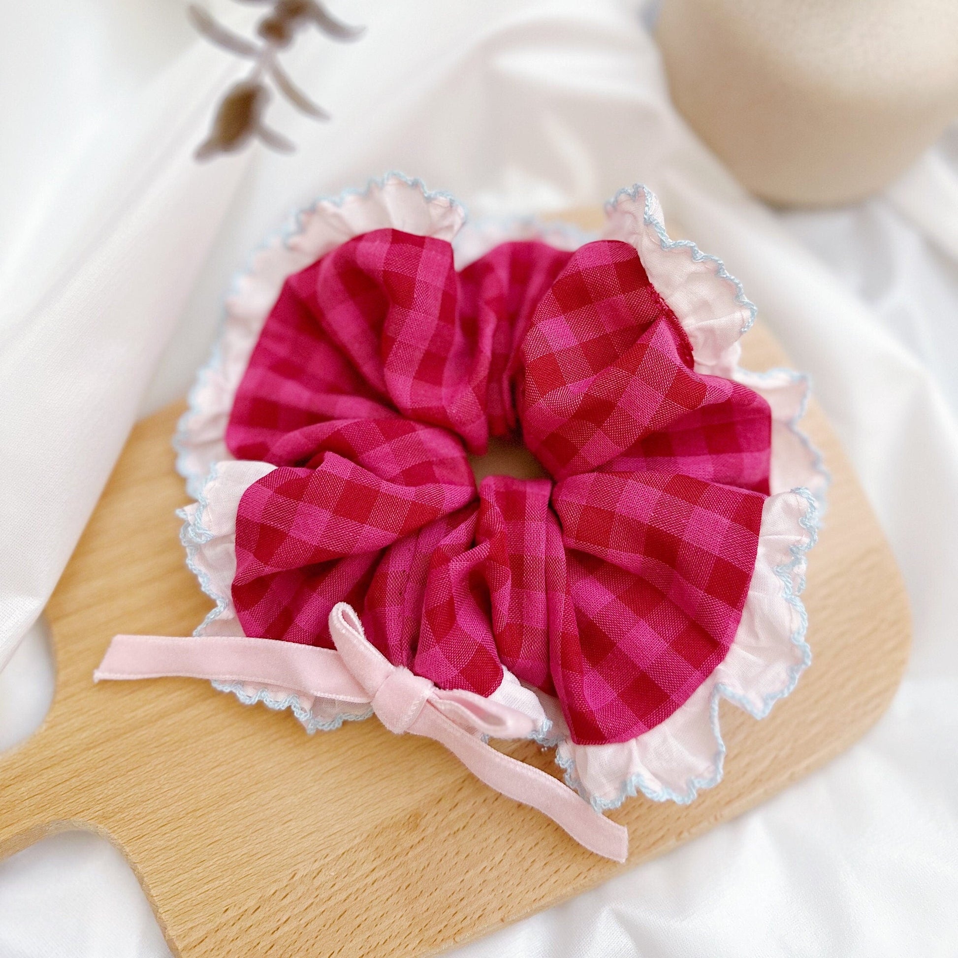 Pink Gingham Scrunchies with bow Giant Scrunchies, French Style Pink frilly ruffle scrunchies For Summer Scrunchies