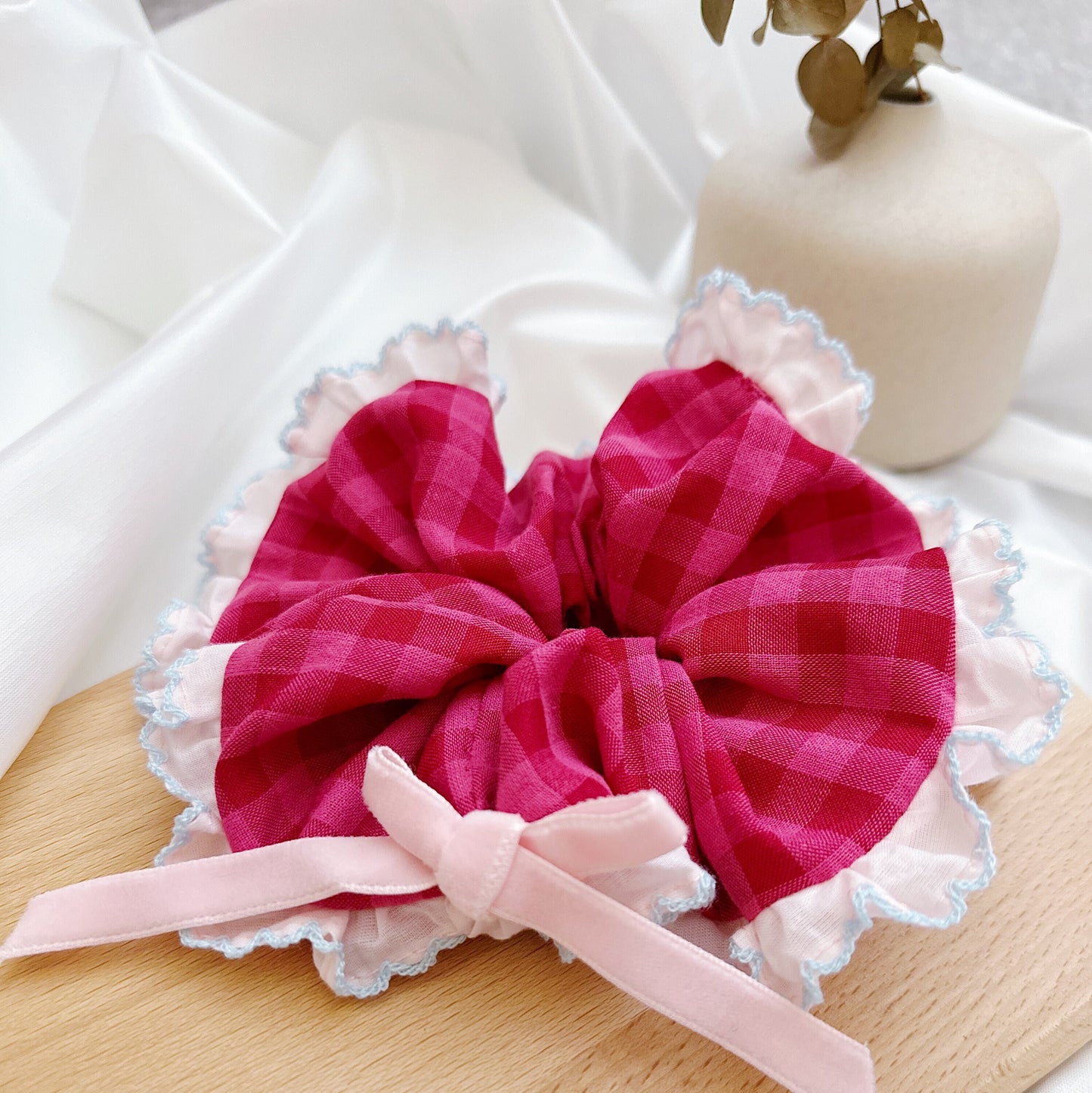 Pink Gingham Scrunchies with bow Giant Scrunchies, French Style Pink frilly ruffle scrunchies For Summer Scrunchies