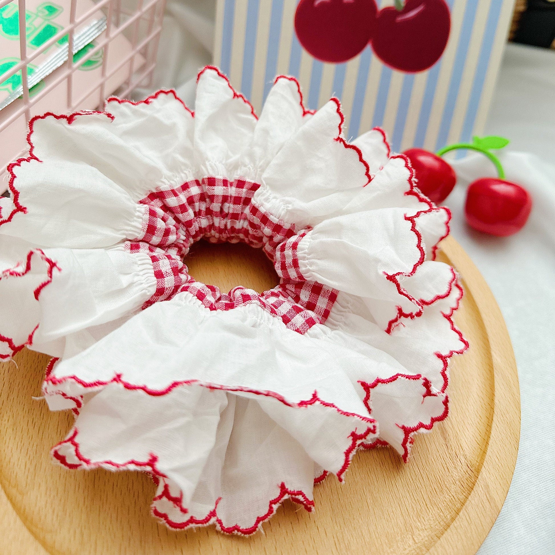 French Style Broderie Anglaise Large Scrunchies, Red Gingham Scrunchies Double layer Scrunchies For Spring Jumbo Scrunchies Gift for Her