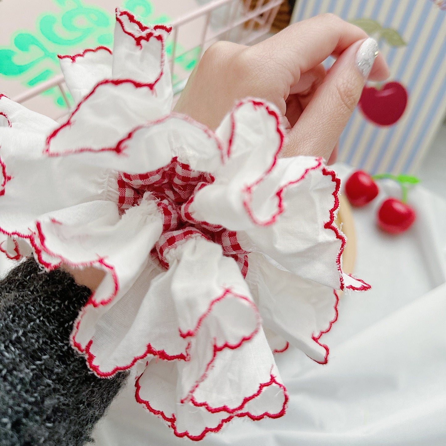 French Style Broderie Anglaise Large Scrunchies, Red Gingham Scrunchies Double layer Scrunchies For Spring Jumbo Scrunchies Gift for Her