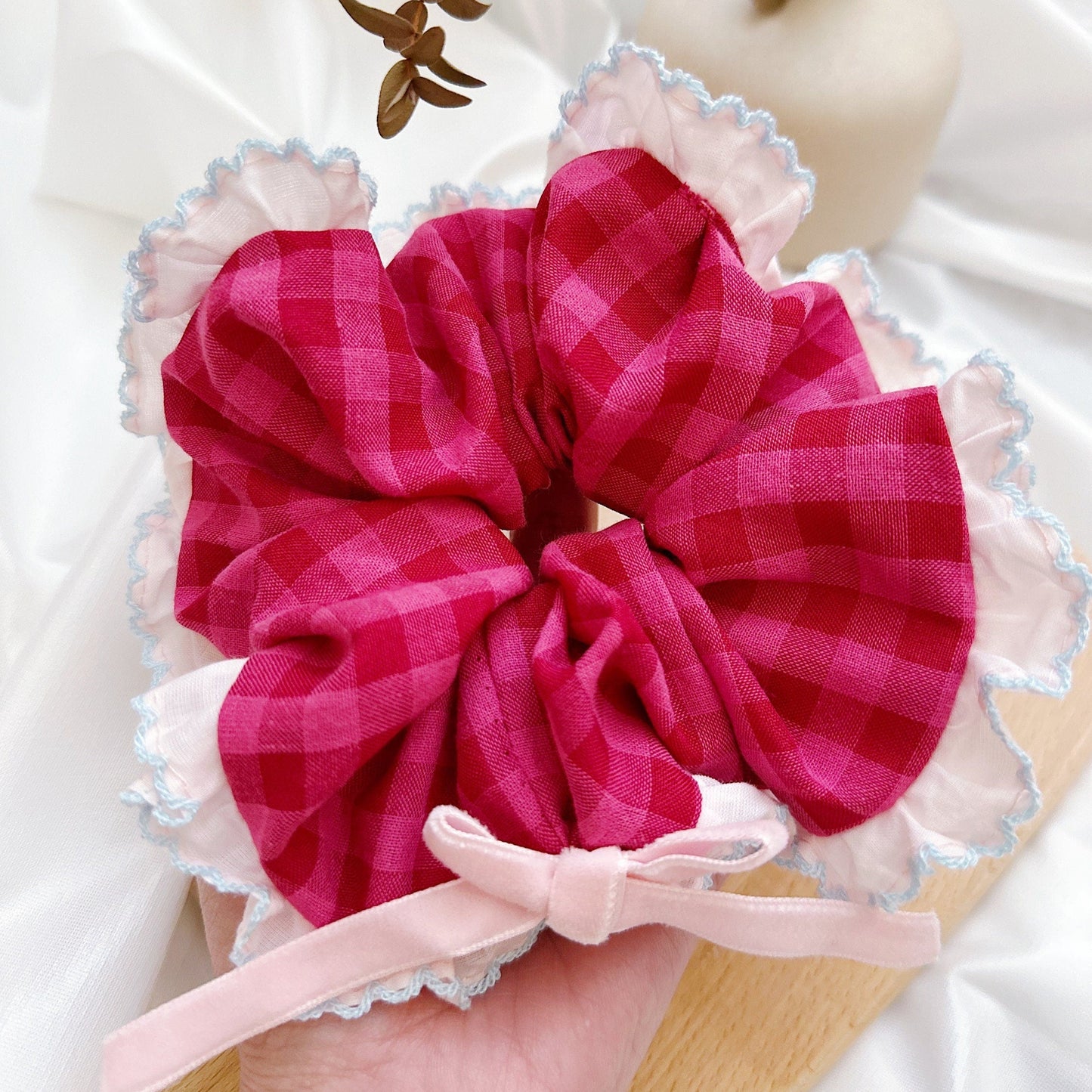 Pink Gingham Scrunchies with bow Giant Scrunchies, French Style Pink frilly ruffle scrunchies For Summer Scrunchies