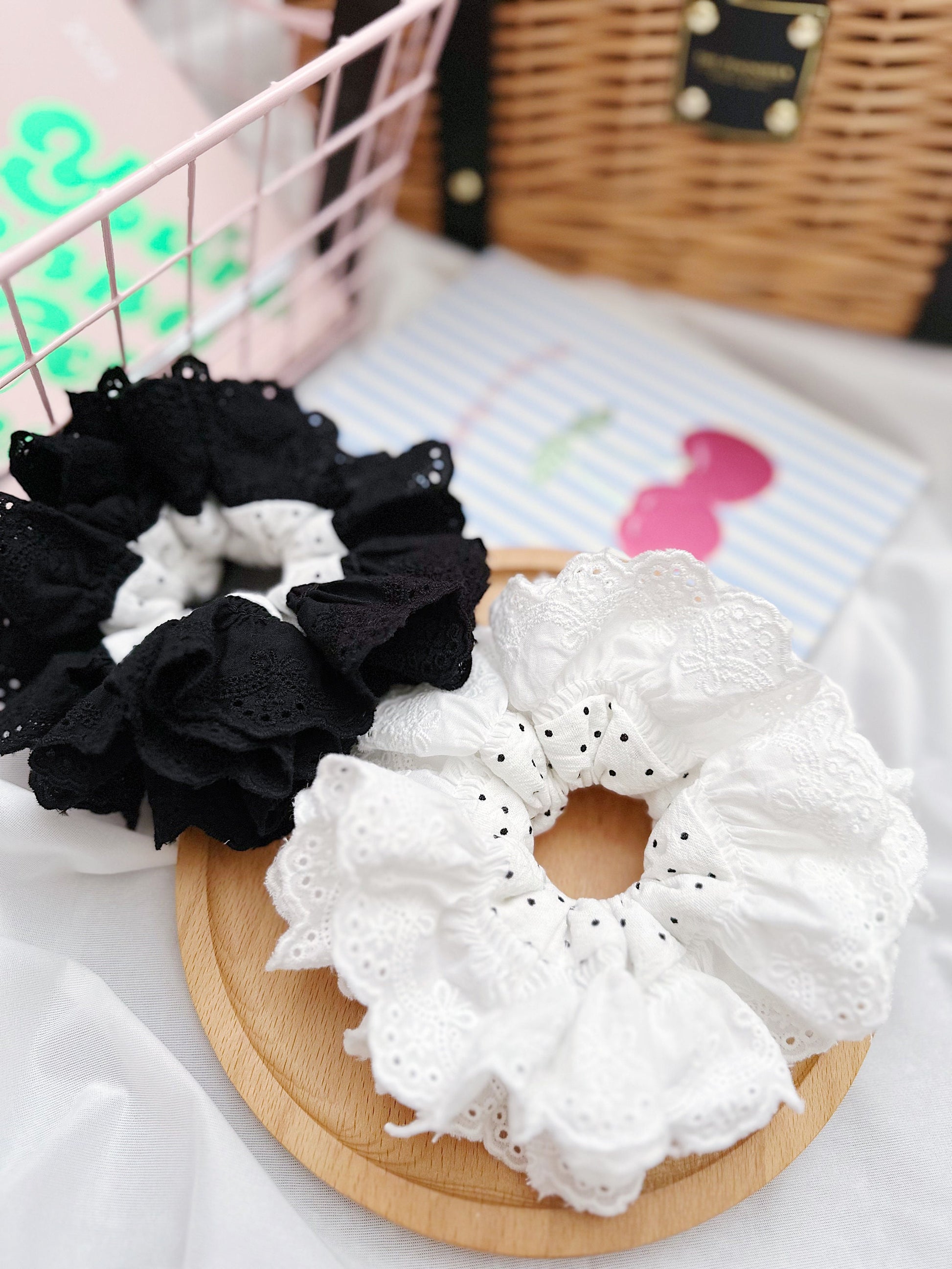 Oversized Black & White Polka dots Scrunchies, Broderie Anglaise Scrunchies, Jumbo Scrunchies for summer Scrunchies gifts for her Hair tie