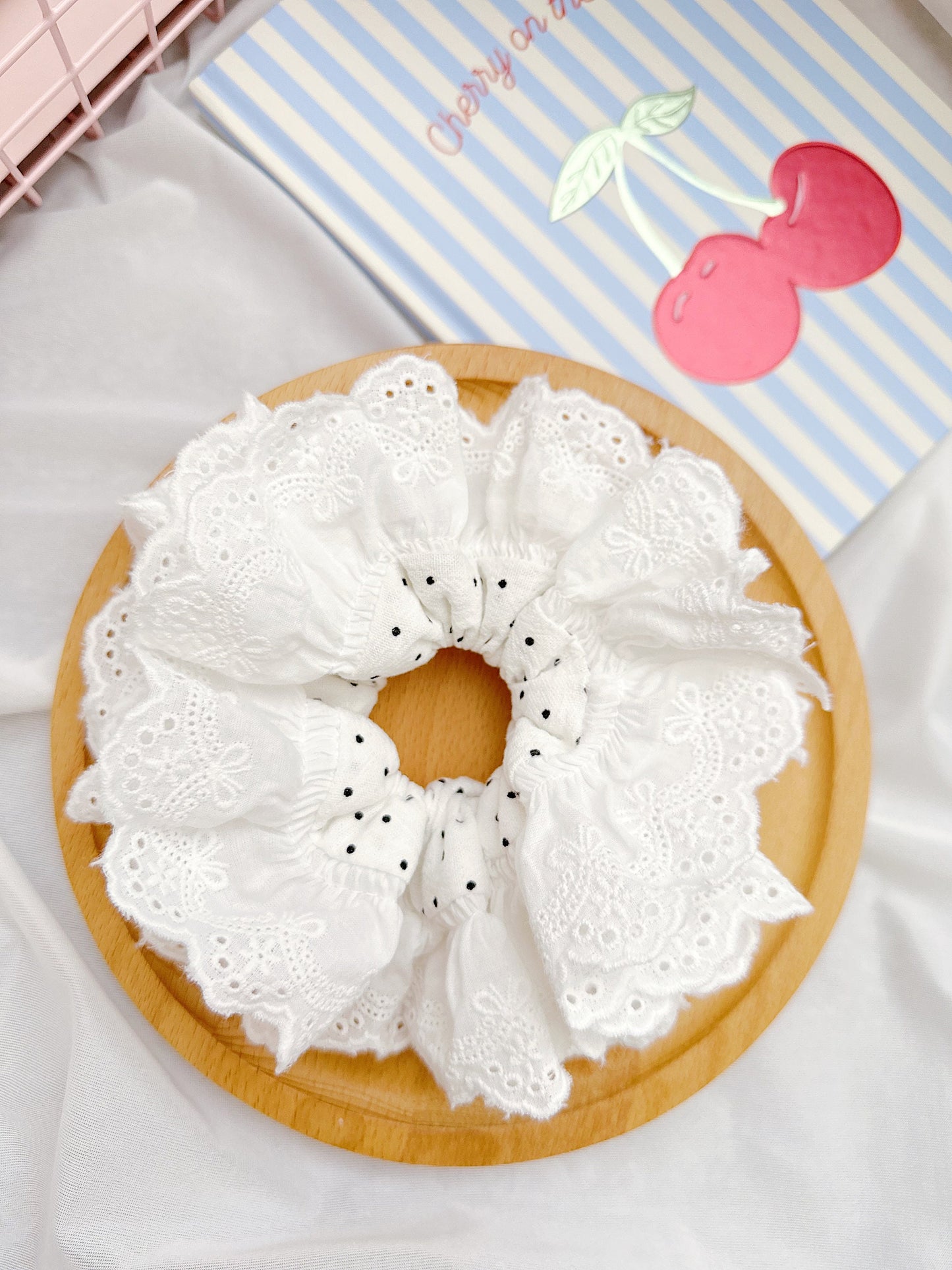 Oversized Black & White Polka dots Scrunchies, Broderie Anglaise Scrunchies, Jumbo Scrunchies for summer Scrunchies gifts for her Hair tie