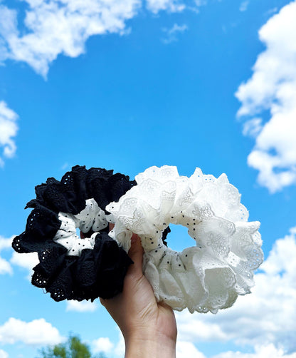 Oversized Black & White Polka dots Scrunchies, Broderie Anglaise Scrunchies, Jumbo Scrunchies for summer Scrunchies gifts for her Hair tie