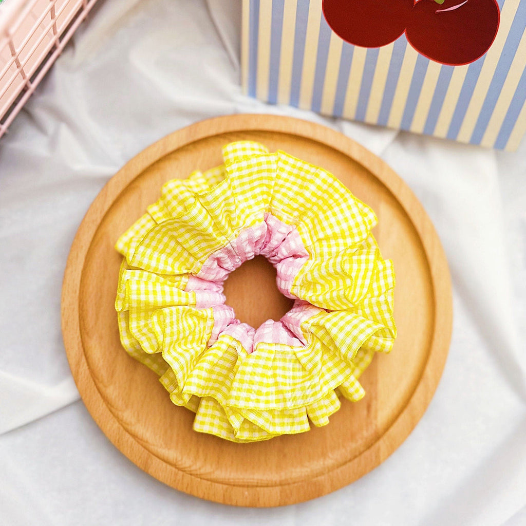 Jumbo Double layer Gingham Scrunchies, Cute Giant Gingham Scrunchies, Frilly Large Scrunchies Summer Hair Ties, Dreamy Gift for besties