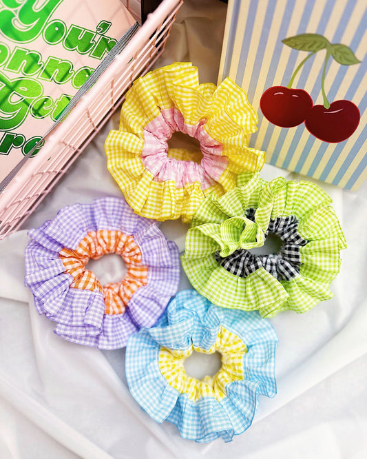 Jumbo Double layer Gingham Scrunchies, Cute Giant Gingham Scrunchies, Frilly Large Scrunchies Summer Hair Ties, Dreamy Gift for besties