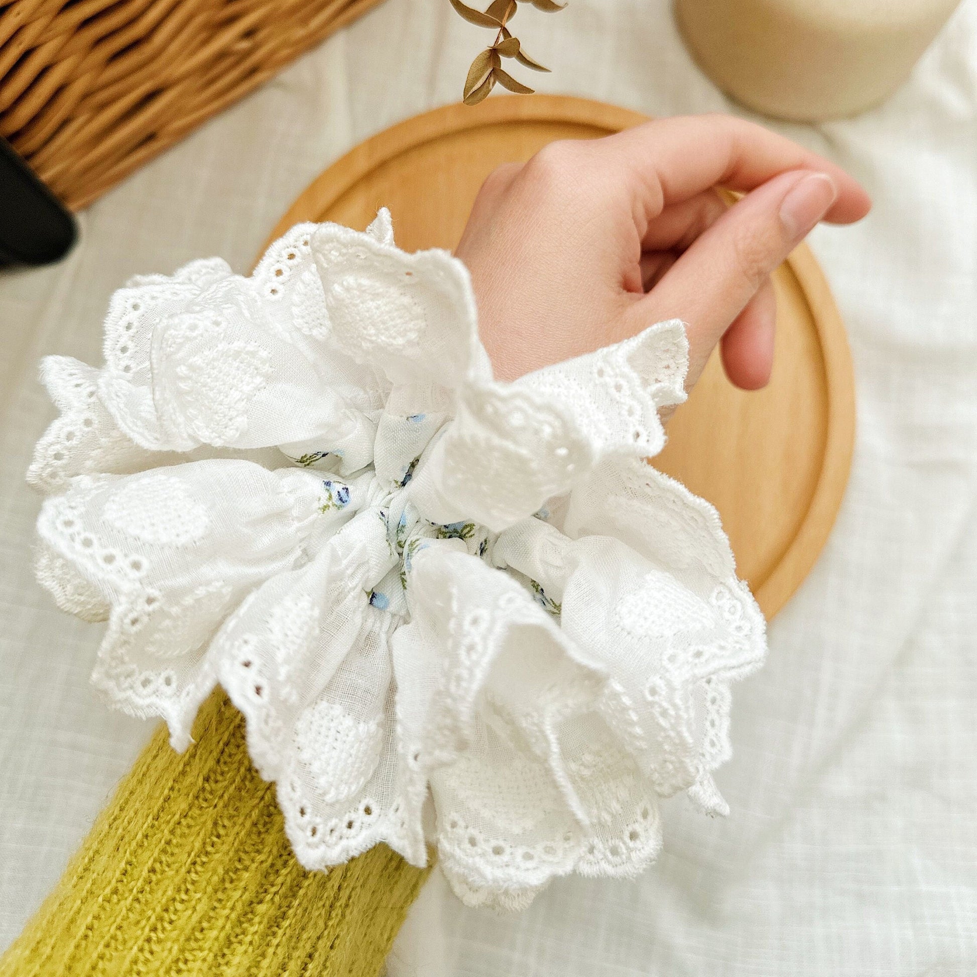 French style Broderie Anglaise Scrunchies, White Floral Double layer Scrunchies, Giant Scrunchies Jumbo Ruffled Scrunchies gifts for her