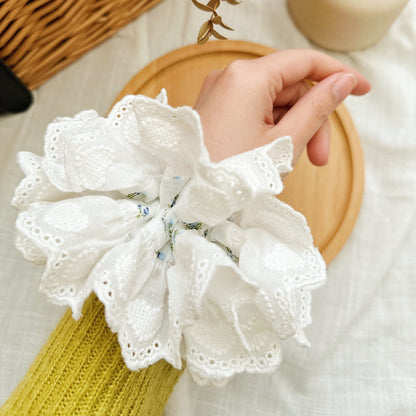 French style Broderie Anglaise Scrunchies, White Floral Double layer Scrunchies, Giant Scrunchies Jumbo Ruffled Scrunchies gifts for her