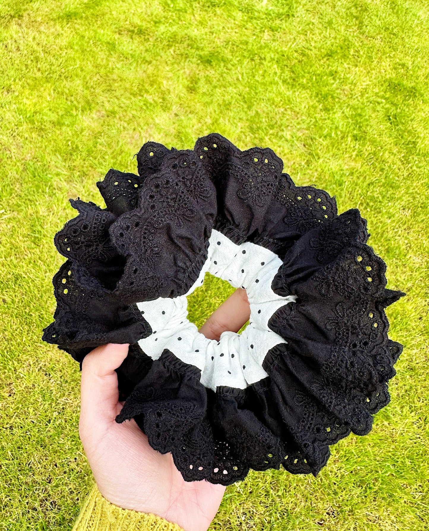 Oversized Black & White Polka dots Scrunchies, Broderie Anglaise Scrunchies, Jumbo Scrunchies for summer Scrunchies gifts for her Hair tie