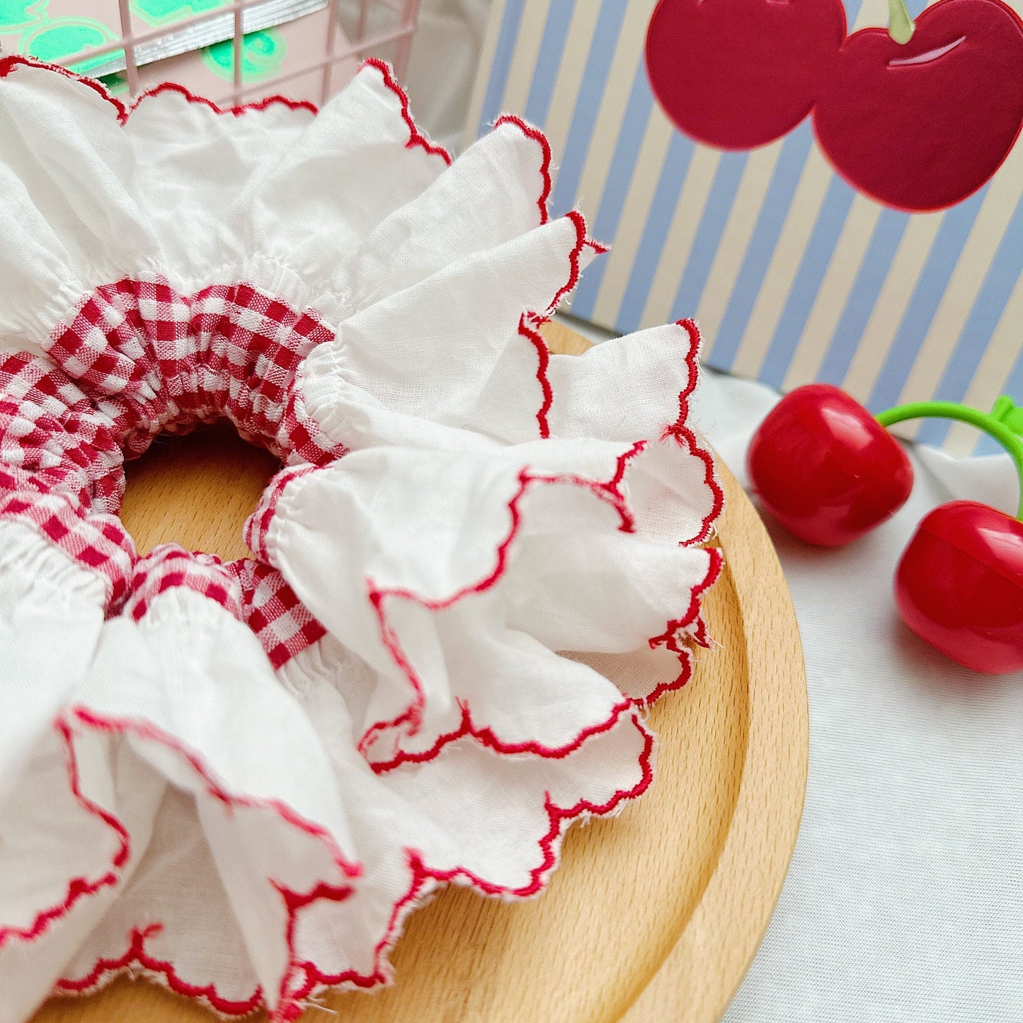 French Style Broderie Anglaise Large Scrunchies, Red Gingham Scrunchies Double layer Scrunchies For Spring Jumbo Scrunchies Gift for Her