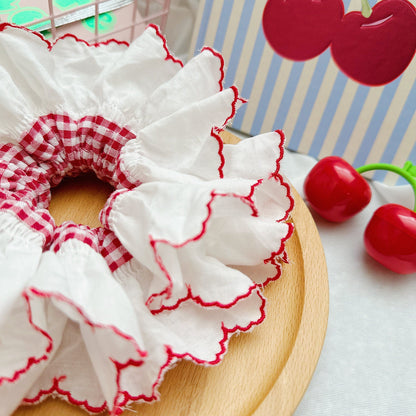French Style Broderie Anglaise Large Scrunchies, Red Gingham Scrunchies Double layer Scrunchies For Spring Jumbo Scrunchies Gift for Her