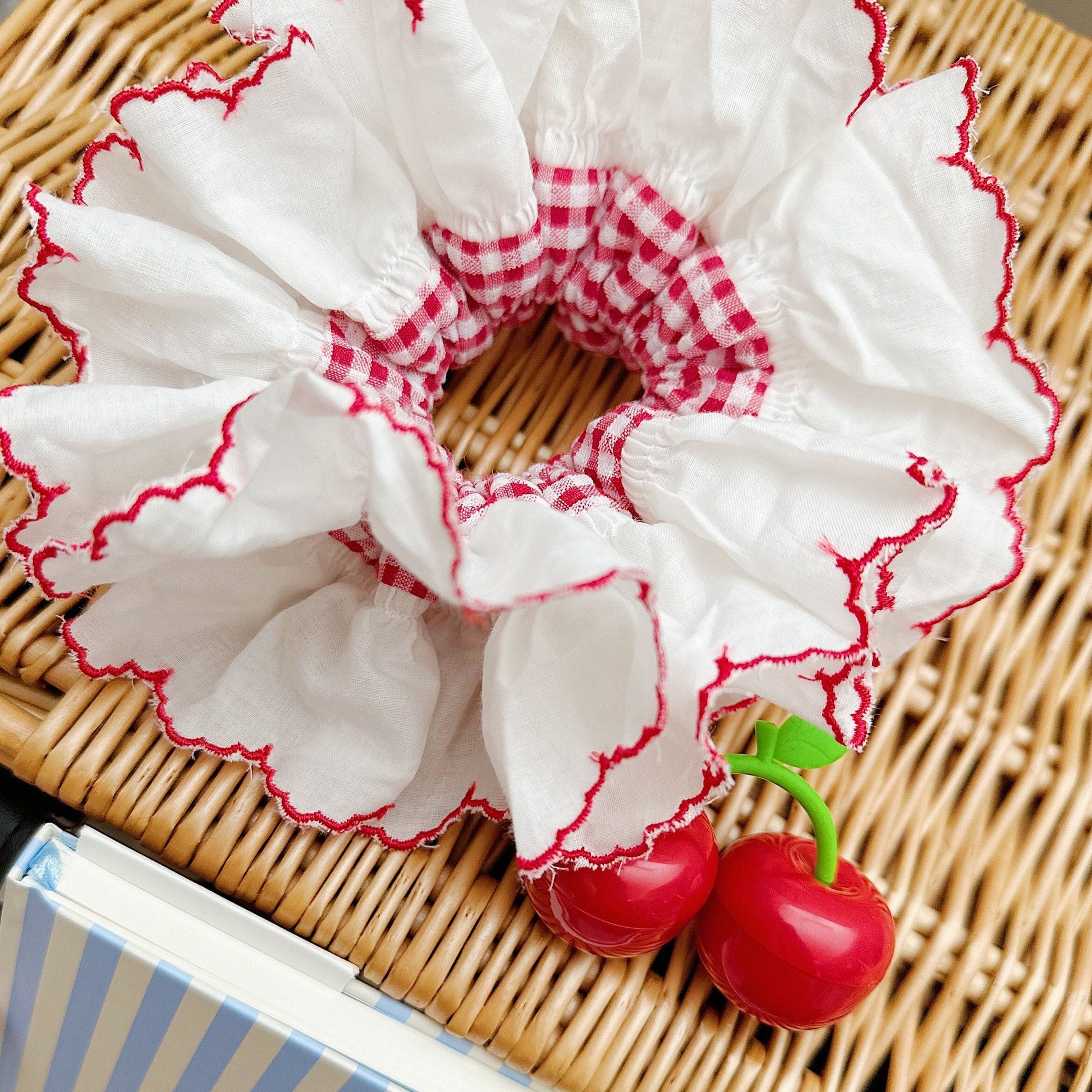 French Style Broderie Anglaise Large Scrunchies, Red Gingham Scrunchies Double layer Scrunchies For Spring Jumbo Scrunchies Gift for Her