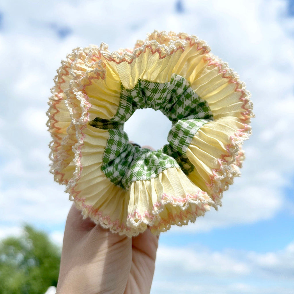 Oversized Green Gingham Scrunchies, Large Scrunchies for summer, French Style Frilly Pleats Double layer Scrunchies Hair accessories Gifts