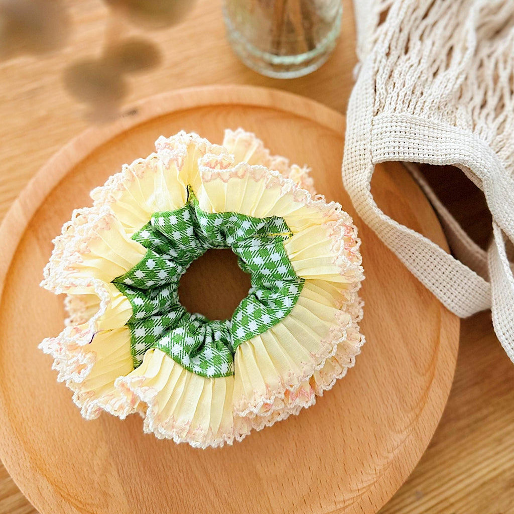 Oversized Green Gingham Scrunchies, Large Scrunchies for summer, French Style Frilly Pleats Double layer Scrunchies Hair accessories Gifts
