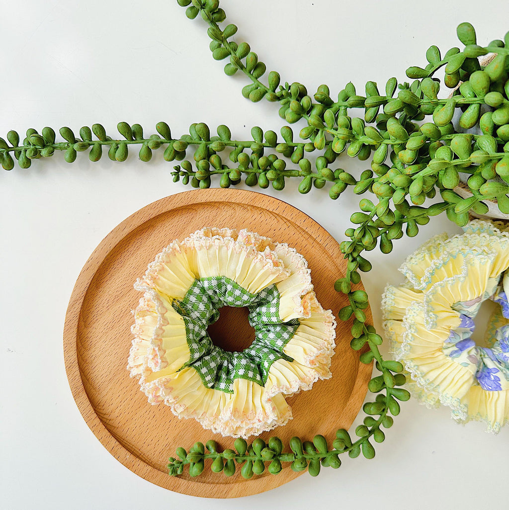 Oversized Green Gingham Scrunchies, Large Scrunchies for summer, French Style Frilly Pleats Double layer Scrunchies Hair accessories Gifts