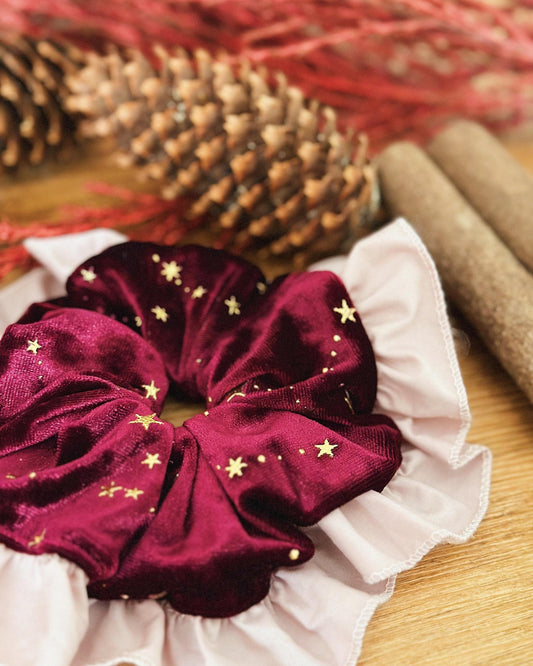 Christmas Red Velvet scrunchies, XXL Burgundy Scrunchies, Jumbo Scrunchies For Holiday, Frilly Christmas Scrunchies, Witchy Gifts for her