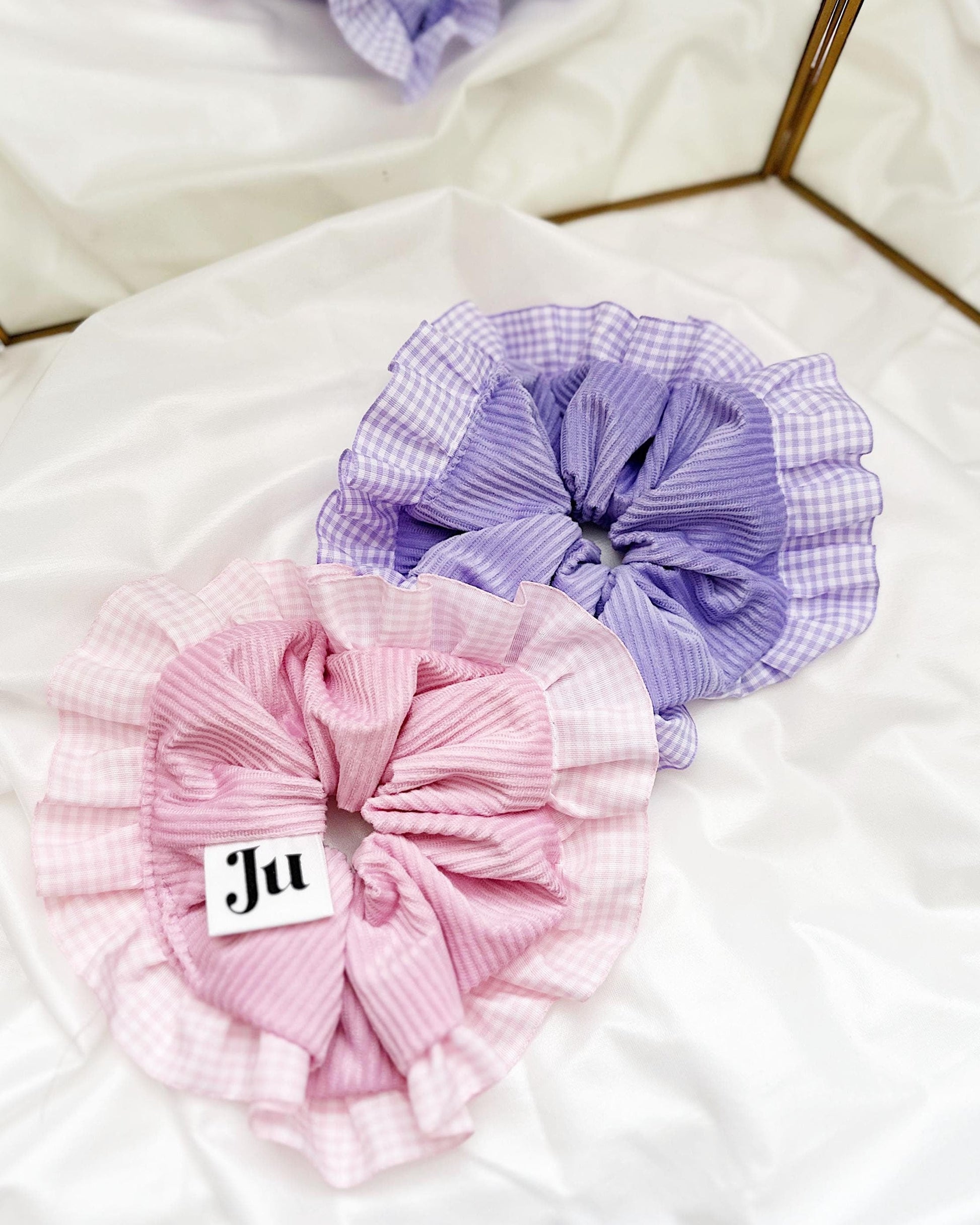 Large Velvet Scrunchies, Oversized Gingham Ruffles Scrunchies Pink Jumbo Scrunchies, Christmas Gift, Bestie gift Stocking Stuffers for Her