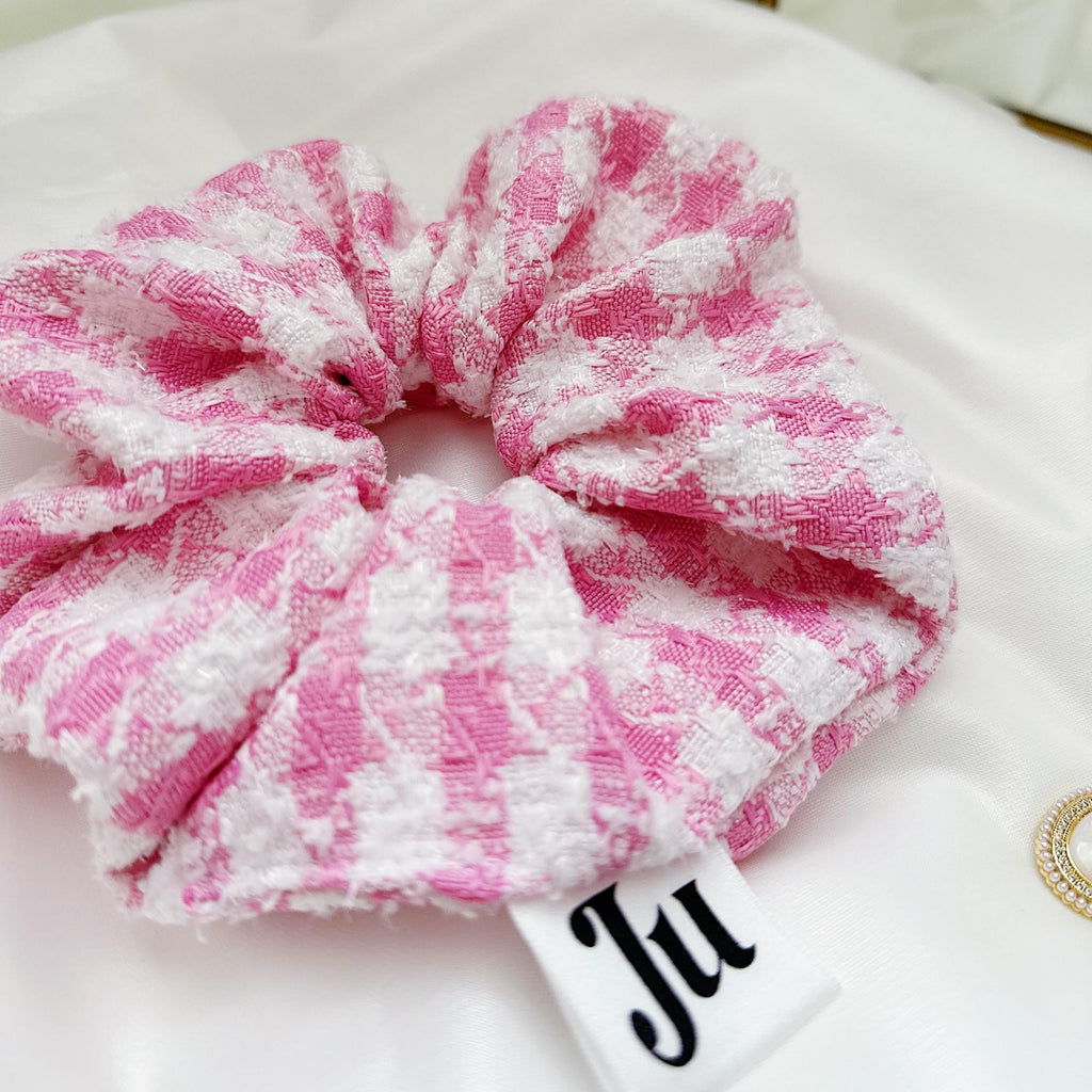 Valentine’s Gift, Large Pink Gingham Scrunchies, Oversized Tweed Scrunchies, Pink Scrunchies For Holiday, Bestie gift, Scrunchies for Spring