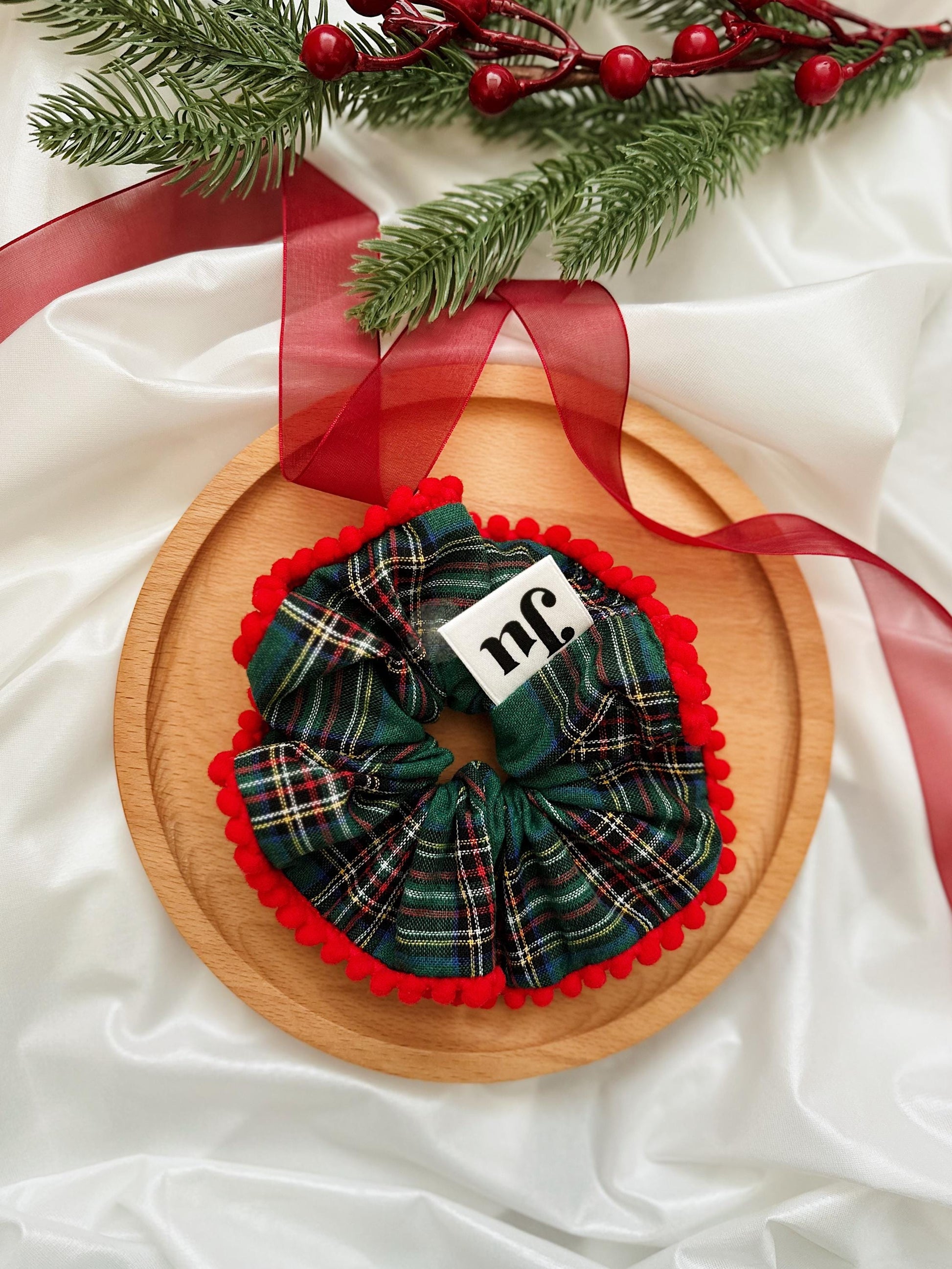 Christmasy Scrunchies, Oversize Pompom Green Tartan Scrunchies for Holiday Gifts for Stocking fillers, Christmas stuffer Gift for her