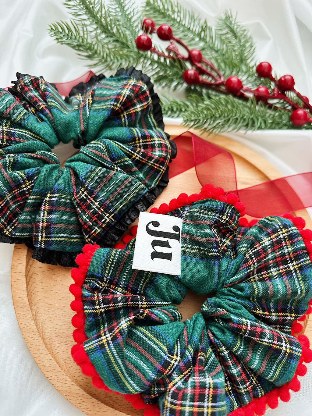 Christmasy Scrunchies, Oversize Pompom Green Tartan Scrunchies for Holiday Gifts for Stocking fillers, Christmas stuffer Gift for her