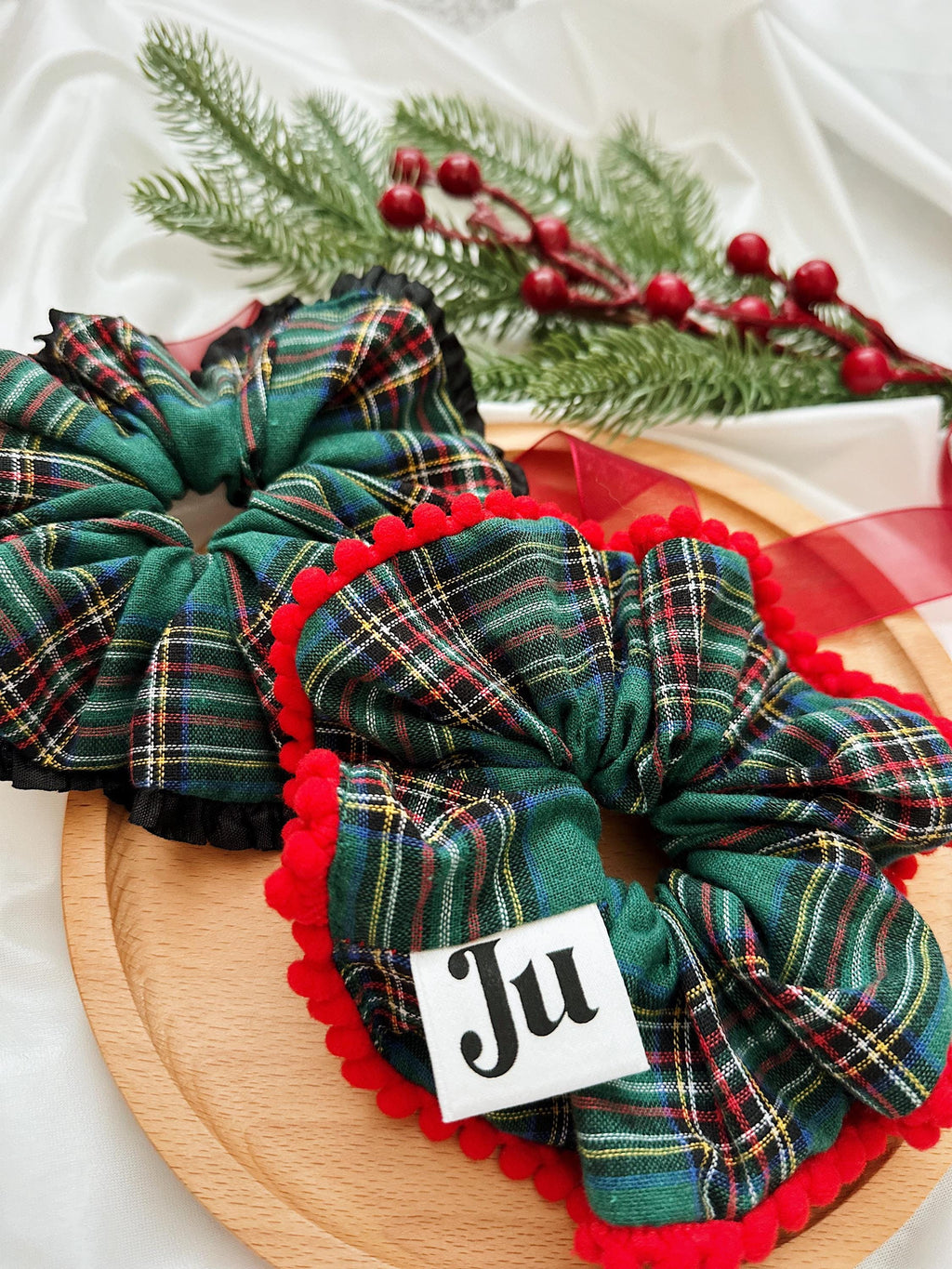 Christmasy Scrunchies, Oversize Pompom Green Tartan Scrunchies for Holiday Gifts for Stocking fillers, Christmas stuffer Gift for her