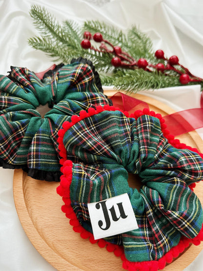 Christmasy Scrunchies, Oversize Pompom Green Tartan Scrunchies for Holiday Gifts for Stocking fillers, Christmas stuffer Gift for her