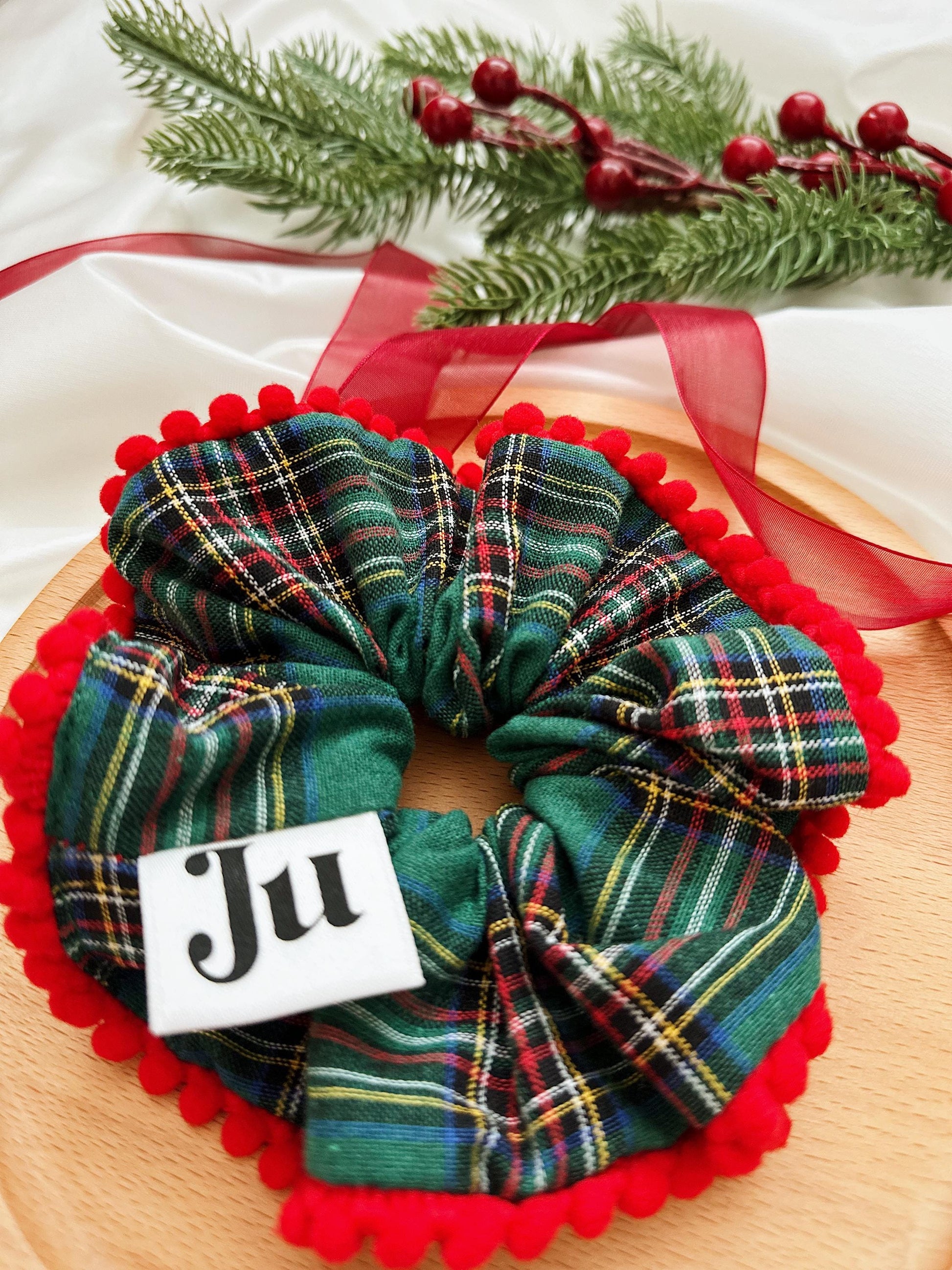 Christmasy Scrunchies, Oversize Pompom Green Tartan Scrunchies for Holiday Gifts for Stocking fillers, Christmas stuffer Gift for her