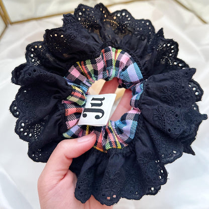 Oversized Black Tartan Scrunchies, Double layer Gingham Scrunchies, Black Broderie Anglaise Scrunchies for Holiday Valentines gift for her