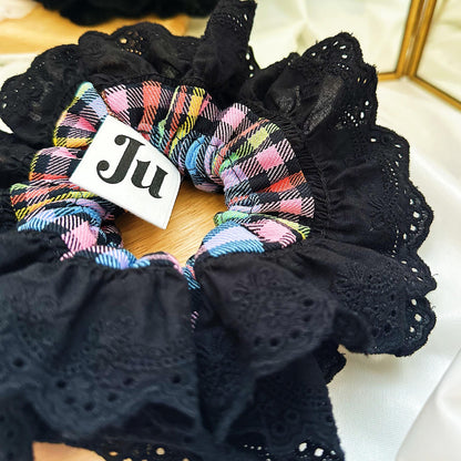 Oversized Black Tartan Scrunchies, Double layer Gingham Scrunchies, Black Broderie Anglaise Scrunchies for Holiday Valentines gift for her