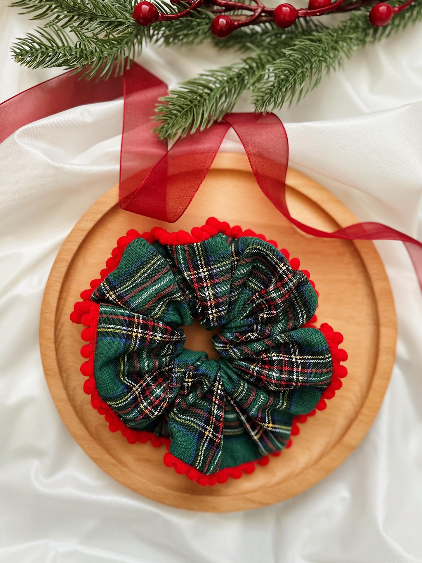 Christmasy Scrunchies, Oversize Pompom Green Tartan Scrunchies for Holiday Gifts for Stocking fillers, Christmas stuffer Gift for her