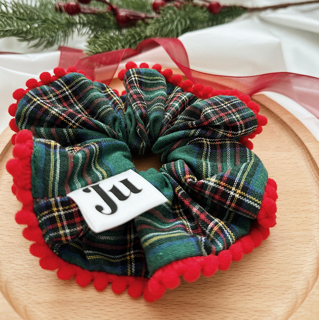 Christmasy Scrunchies, Oversize Pompom Green Tartan Scrunchies for Holiday Gifts for Stocking fillers, Christmas stuffer Gift for her